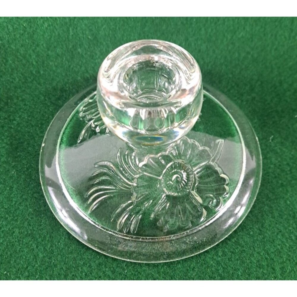 Vintage Jeanette Clear Glass Candle Holder Camellia Flower Taper Candlestick